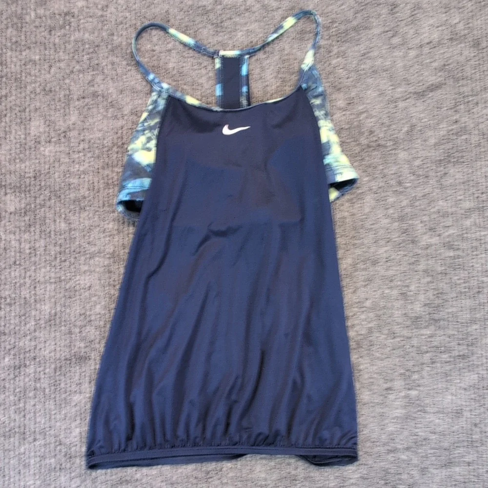 Nike Women's M Tank Top Built-In Bra Navy/Green Racerback Lightweight